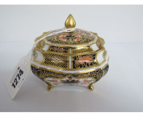 A Royal Crown Derby Porcelain Trinket Bowl and Cover, of shaped square footed form, decorated in Imari pattern 1128, date cod