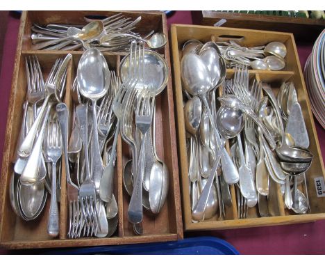 Plated Cutlery, spoons, forks, ladles, etc in two wooden cutlery trays.