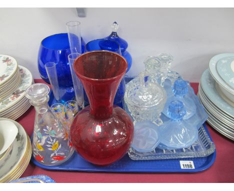 Coloured glassware, trinket sets, liqueur set:- One Tray.
