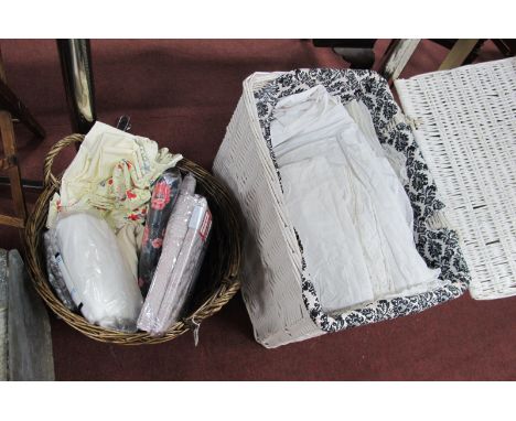 A Quantity of Vintage Bed Linen, including lace trimmed sheets, French style pillow cases etc. in a white linen basket; toget