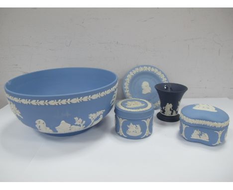 Wedgwood Blue and White Jasperware Circular Bowl (damaged); two Wedgwood Jasperware trinket boxes, etc.