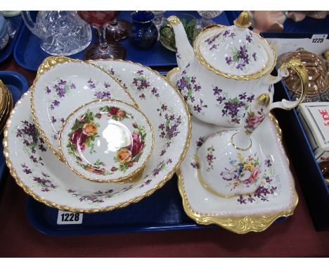 Hammersley 'Lady Patricia' Floral Bell, pair of Royal Albert 'Old Country Roses' trinket dishes, Violet decorated teapot, cir