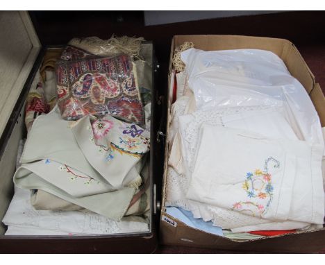 Needlework, linens, crochet ware, etc in Globe Trotter case and box.