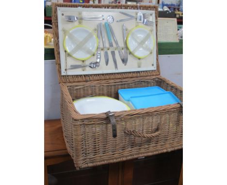 A Wicker Cased Picnic Set, to include Welware plates, cups, saucers, sandwich boxes, etc.