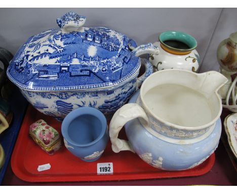 Willow Pattern Pottery Tureen and Ladle, Gouda Ovoid pottery vase, 16cm high, etc:- One Tray