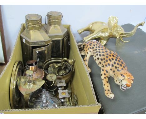 A Small Miners Lamp, pair of wall lights, model guns, Buddah, plated teapot, etc:- One Box, elephant, potter prowling leopard