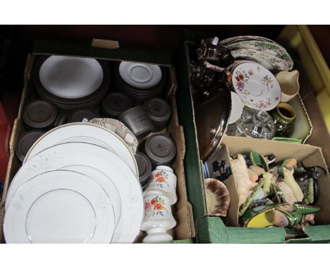 Hornsea 'Palatine', Doulton 'Mystique', Albert 'China Garden' Table China, glass biscuit jars, resin pigs, etc:- Two Boxes.