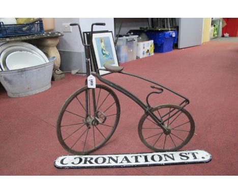 A Painted Metal 'Coronation St' Sign 62.5cm long. Model of Bicycle. (2)