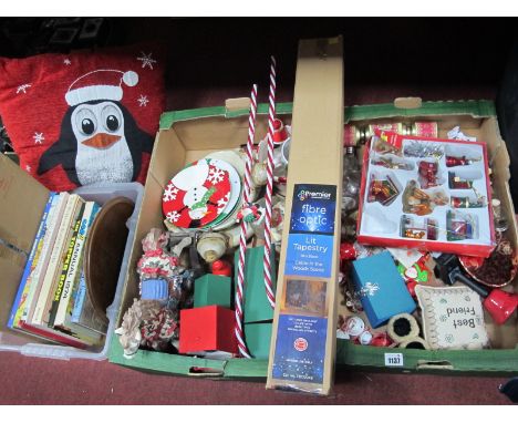 Christmas Decorations, including snow globe, ceramic egg, books, wooden bowl:- Three Boxes