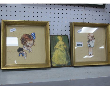 A XX Century Pair of Paintings on Silk of Betty Boo on The Telephone, together with a print of Countess Stanhope. 16cm.