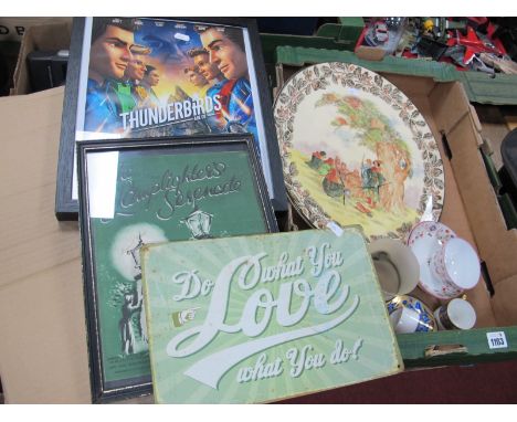 Doulton Greenwood Tree Charger, Shelley coffee cans and saucers, glass cameo tumblers, metal wall sign 20 x 30cm, etc.