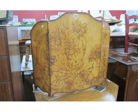 1920's Pokerwork Folding Fire Screen, decorated with foliage decoration (bearing label on verso, made by The Rector of Handsw