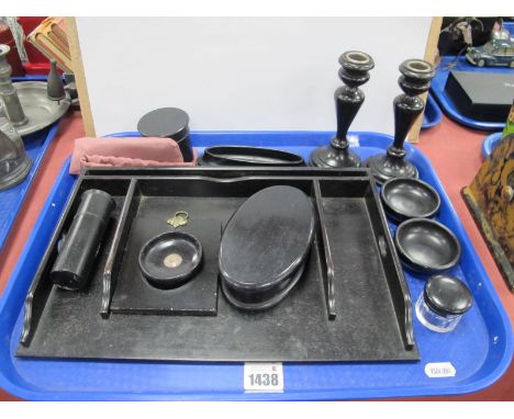 An Early XX Century Ebony Dressing Table Set, candlesticks, tray, trinket box, etc:- One Tray.