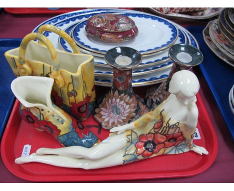 1920's Royal Worcester Graduated Plates, Old Tupton ware of a recumbent lady, shoe, shopping bag.