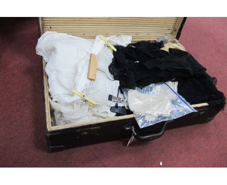 A Quantity of Vintage Lace and Crochet Trim,beaded evening bag, buttons, shawls, lace and beaded aprons, in a suitcase.