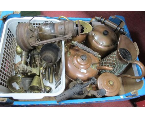A Hurricane Lamp, copper reptile skin effect jug, kettles, other metalware:- One Box.
