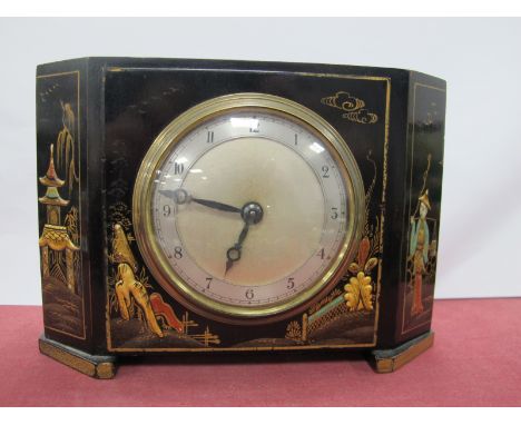 Ebonized Mantle Clock, with Chinoiserie decoration, circa 1920's, with Rotherham's movement, 20.5cm wide.