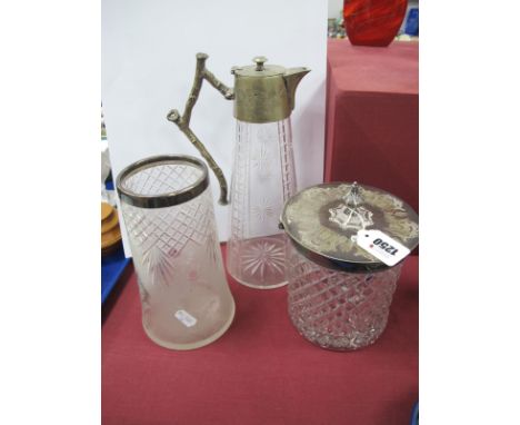 Etched Glass Vase With Silver Rim, 18.5cm high, Claret jug with naturalistic handle. Biscuit barrel with aesthetic decoration