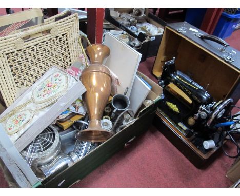 Copper Jug, cutlery, metalware, etc:- One Box, Singer sewing machine.