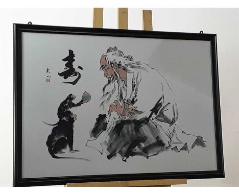 LARGE CHINESE PRINT OF A MAN WITH MONKEYS,printed on fabric, framed and under glass, overall size 76cm x 106cm