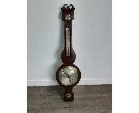 19TH CENTURY MAHOGANY WHEEL BAROMETER BY HILLS &amp; SAUNDERS OF OXFORD &amp; ETON,with central thermometer, 96cmThermometer 