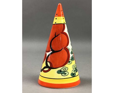TWO WEDGWOOD CONICAL SUGAR CASTERS,each painted with a Clarice Cliff design, 14cm high