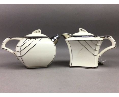 ART DECO PATENT THREE PIECE TEA SERVICE BY G. CLEWS,comprising teapot, hot water pot and tray, marked to bases (3)