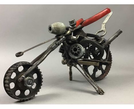 PAIR OF URBAN ART 'TOOL AND SPANNER' MOTORCYCLE SCULPTURAL MODELS,23cm high