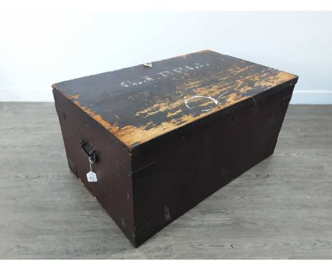 WOOD TRAVEL TRUNK,84cm wide, along with other items including an umbrella, walking stick, miniature portrait and glass items