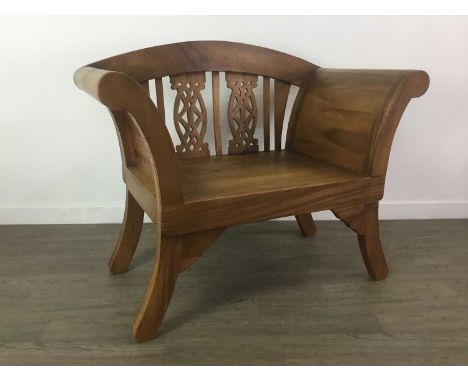 HARDWOOD BENCH,with pierced back, 83cm high, 102cm wide, 58cm deep