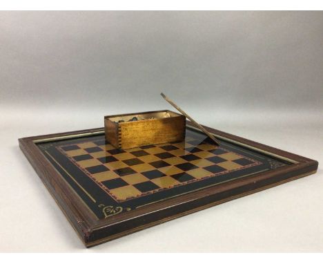 LARGE CHESS BOARD AND PIECES,36cm long x 46cm wideSome minor damage to board frame, images online showing sizes of pieces.One