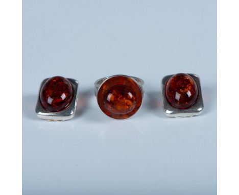 All pieces have beautiful amber stones set in sterling silver stamped 925. The earrings measure 0.75"L x 0.5"W. The ring is a