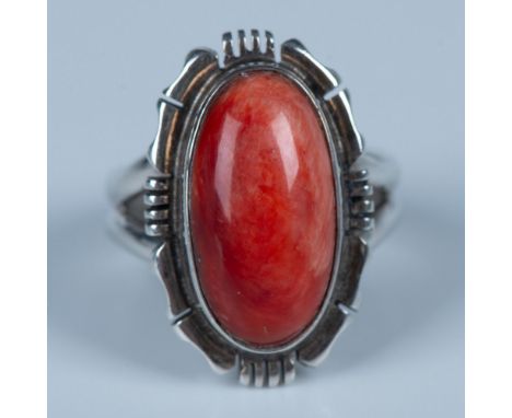 Gorgeous Southwest Native American ring with a red spiny oyster shell set in sterling silver. Size 6.25. 8g. Country of Origi