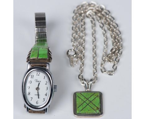 Delicate small square pendant of sterling silver with green turquoise inlay and a double loop for the sterling silver cable c