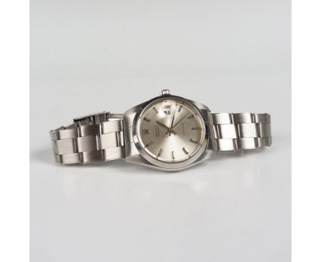 Genuine Rolex stainless steel 34mm watch made with 17 jewels, automatic wind powered by Rolex caliber 1225 movement. Time sho