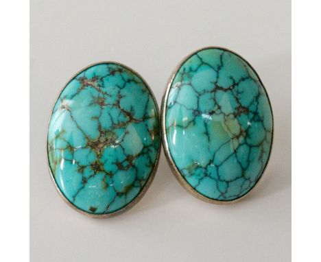 Lovely mineral veined turquoise stones set in silver with posts. No markings, tested sterling silver, 12g total. Issued: 20th