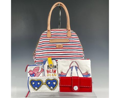 Navy/red/white striped Brighton Vera canvas handbag with interior pockets, zippered closure, tan leather straps and accents; 