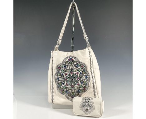 Cream leather handbag decorated with gem cut affixed beads in various shapes, colors and sizes and interior pocket; 12.5"L x 