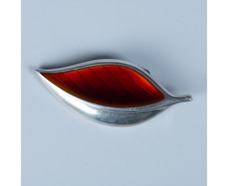 Beautiful sterling silver pin with bright red orange enamel. 10g. Issued: c. 1950sDimensions: 1"L x 2.5"WCountry of Origin: N