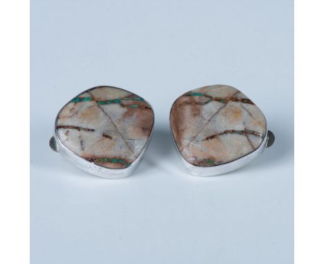 Beautiful Southwest Native American clip-on earrings with ribbon turquoise stones set in sterling silver. Sterling mark on ba