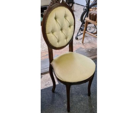 FRENCH SALOON CHAIR WITH CARVED RIBBON BACK WITH BUTTON PANEL ON 4 CABRIOLE LEGS