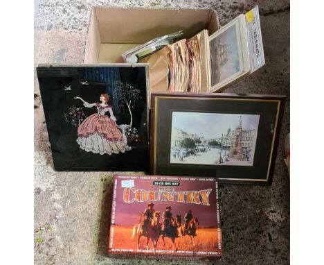 CARTON WITH BOXED SET OF COUNTRY CD'S, DIGITAL  STEREO HEADPHONES, VINTAGE 78 RECORDS, F/G PICTURES &amp; TABLE MATS