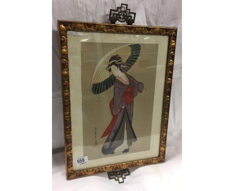 COLOURED JAPANESE PRINT OF A LADY WITH AN UMBRELLA, SIGNED WITH SEAL, IN DECORATIVE GILT AND RED FRAME