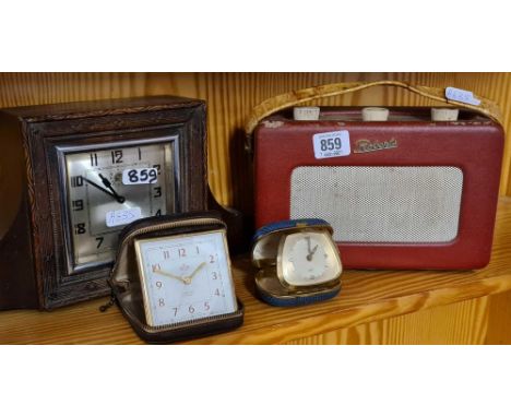 VINTAGE ROBERTS RADIO A/F, 2 TRAVEL ALARM CLOCKS &amp; 1 MANTLE CLOCK