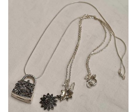 SILVER HANDBAG STYLE PENDANT ON SNAKE CHAIN &amp; FLAT LINK SILVER CHAIN WITH MARCASITE STARS OF FLOWERS