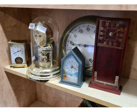 SHELF OF VARIOUS CLOCKS INCL; TEMPERATURE GAUGE &amp; MODERN ROUND BAROMETER