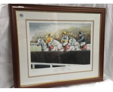 COLOURED HORSE RACING LIMITED EDITION PRINT KINGS OF KEMPTON BY CAROLINE COOK SIGNED BY THE ARTIST AND NUMBERED 15/100 