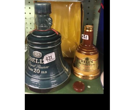 BELLS SCOTCH WHISKY, ROYAL RESERVE 20 YEARS OLD IN CERAMIC BOTTLE WITH BOX &amp; SMALL BOTTLE OF BELLS WHISKY 70CL