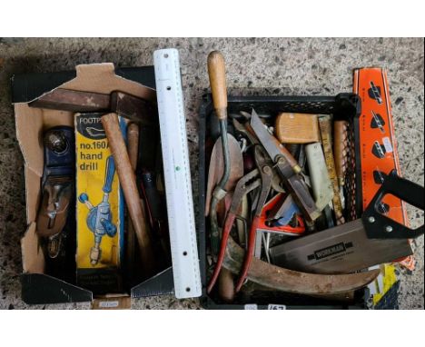 2 CARTONS OF MISC TOOLS INCL; HAND DRILLS, PLANES, HAMMERS 