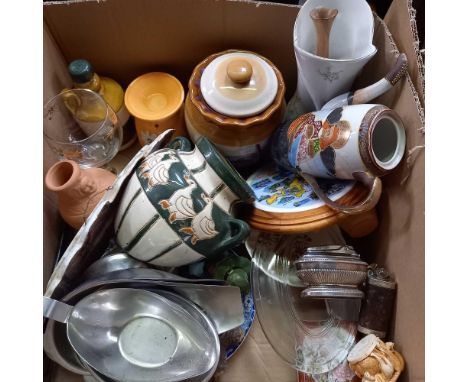 CARTON OF MISC ITEMS &amp; STAINLESS STEEL ITEMS INCL; A QUEEN ANN GAS LIGHTER, VASES &amp; POT STAND